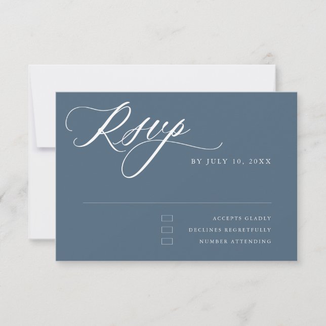 Dusty Blue Calligraphy Simple Minimalist Wedding R RSVP Card (Front)