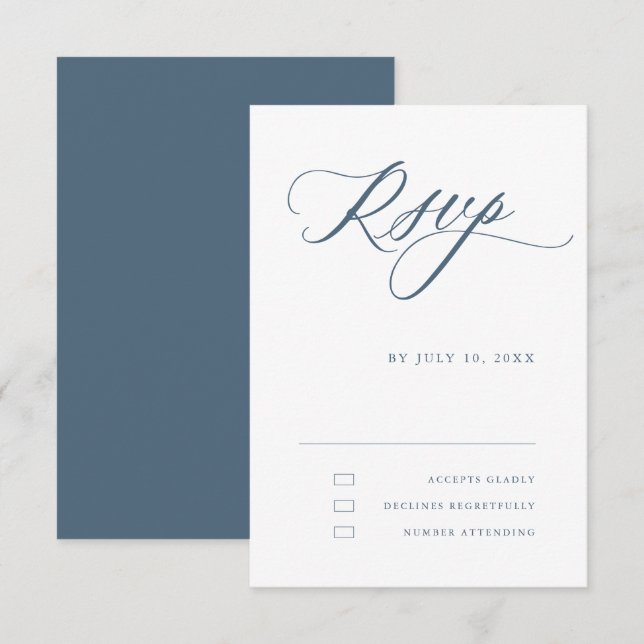 Dusty Blue Calligraphy Simple Minimalist Wedding RSVP Card (Front/Back)