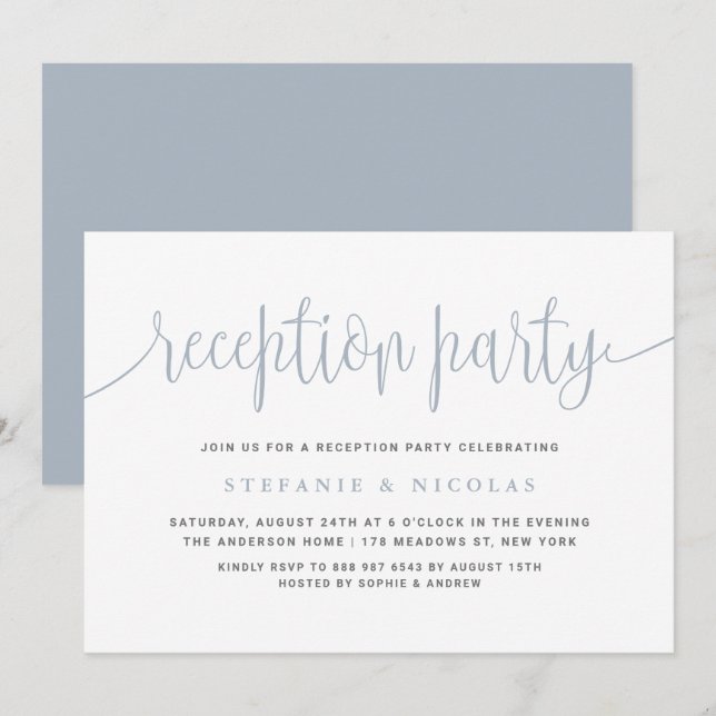 Dusty Blue Calligraphy Wedding Reception Party Invitation (Front/Back)