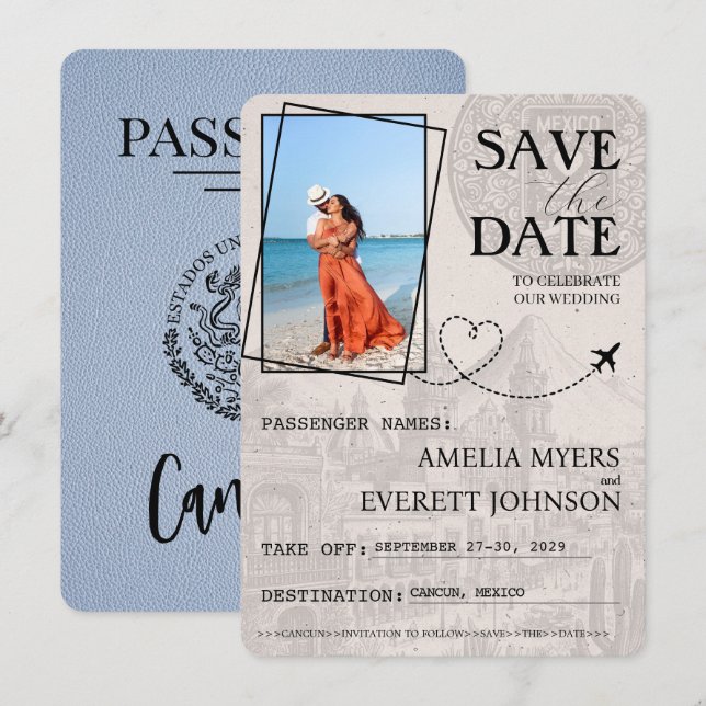 Dusty Blue Cancun Passport Save The Date (Front/Back)