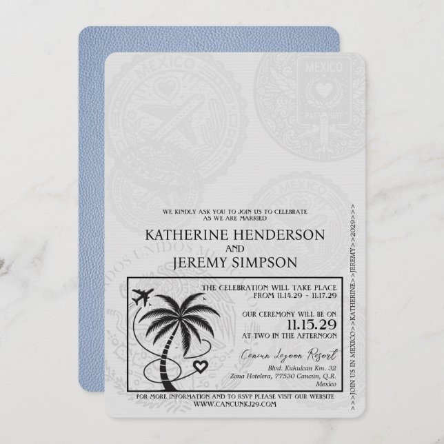 Dusty Blue Cancun Passport Wedding Invitation (Front/Back)