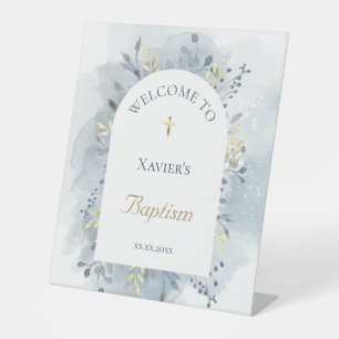 dusty blue Catholic Baptism welcome sign