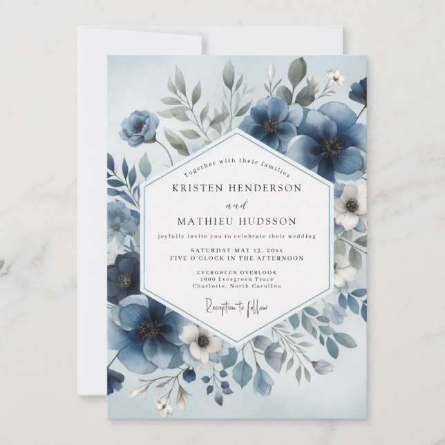 Dusty Blue Celestial Bloom Wedding Invitation (Front)