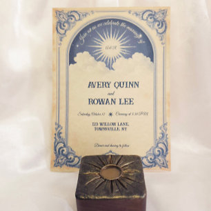 Dusty Blue Celestial Wedding Invitation Aged Paper