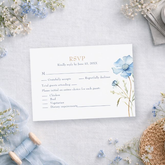 Dusty Blue Champagne Hydrangea Wedding RSVP Card (Blue Wildflower Garden Wedding RSVP Card on a romantic table with dusty blue tiny wildflowers)