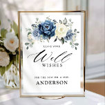 Dusty Blue Champagne Ivory Floral Well Wishes  Poster<br><div class="desc">Dusty blue floral bridal shower / wedding well wishes for the new Mr. And Mrs. featuring elegant bouquet of navy blue, royal blue , white , gold, champagne ivory, blush color rose , ranunculus flower buds and sage green eucalyptus leaves and elegant watercolor bouquet. Please contact me for any help...</div>