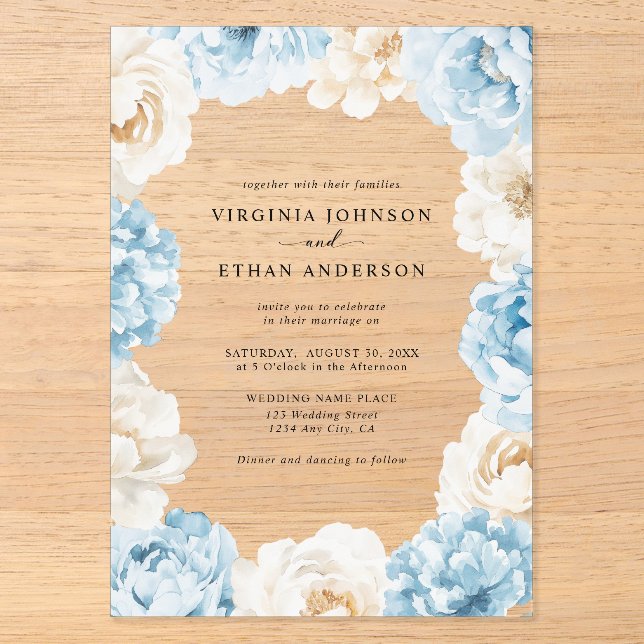 Dusty Blue Champagne Ivory Peonies Floral Wedding Acrylic Invitations (Front)