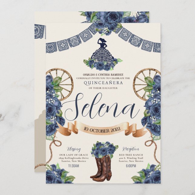 Dusty Blue Charro Quinceanera Rustic Western Rose Invitation (Front/Back)