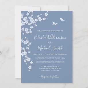 Dusty Blue Cherry Blossom   Wedding Invitation