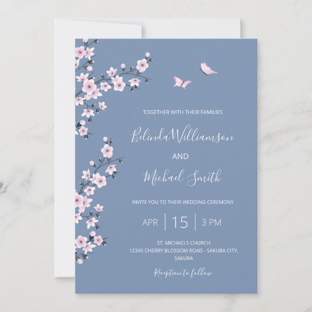Dusty Blue Cherry Blossom Wedding Invitation (Front)