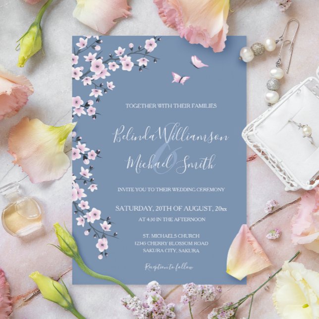 Dusty Blue Cherry Blossom | Wedding Invitation (Creator Uploaded)