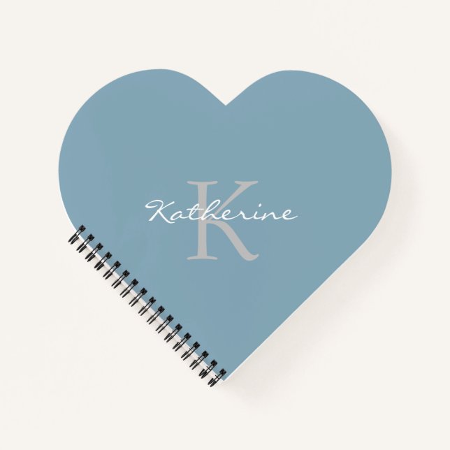 Dusty Blue Chic Monogram Name Heart Shaped Notebook (Front)