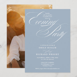 Dusty Blue Chic Script Photo Wedding Evening Party Invitation