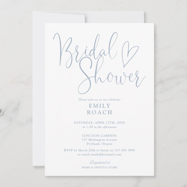 Dusty Blue Chic Script QR Code Photo Bridal Shower Invitation (Front)