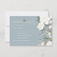 Dusty Blue Chinoiserie Bird Peony Wedding RSVP