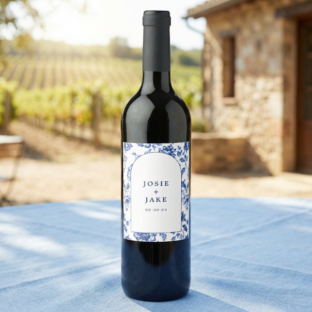 Dusty Blue Chinoiserie Floral Custom Wedding Wine Label (Dusty Blue Chinoiserie Floral Custom Wedding Wine Label)