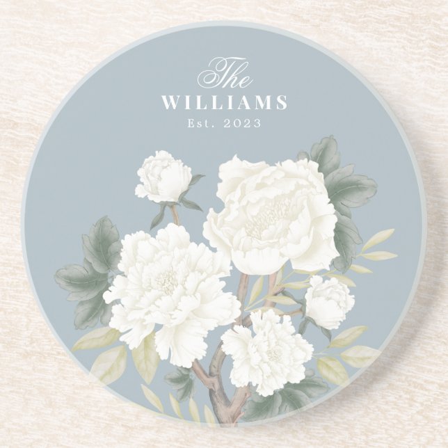 Dusty Blue Chinoiserie Floral Family Monogram Coaster (Front)