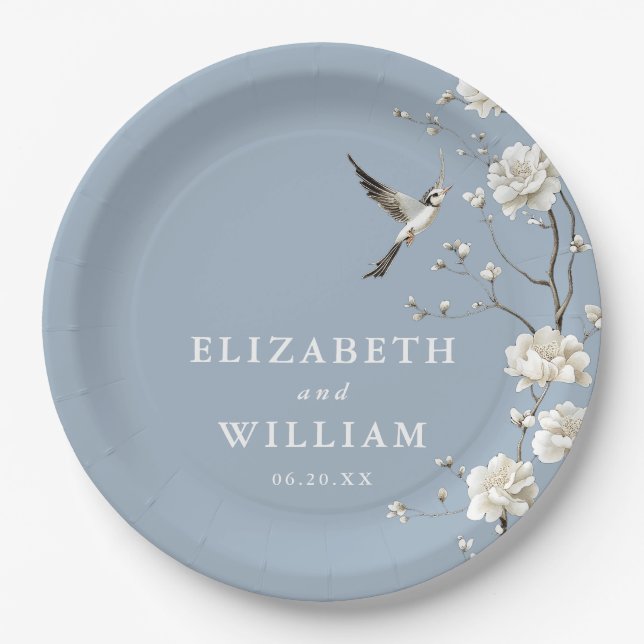 Dusty Blue Chinoiserie Floral Garden Wedding Paper Plate (Front)