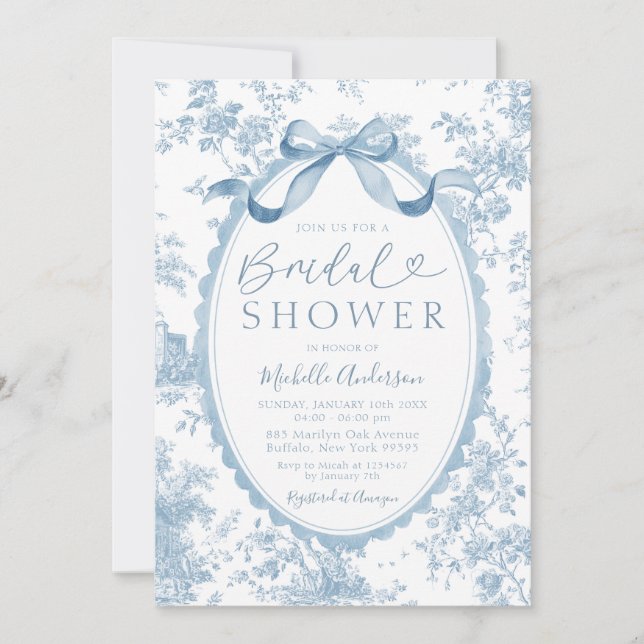 Dusty Blue Chinoiserie French Toile Bridal Shower Invitation (Front)