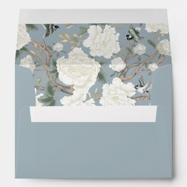 Dusty Blue Chinoiserie Peony Birds Porcelain Envelope (Back (Bottom))