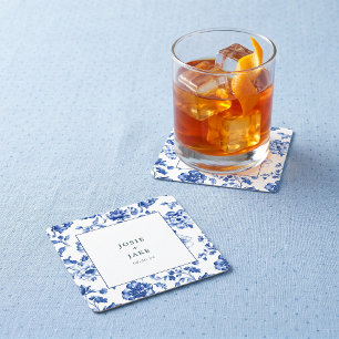 Dusty Blue Chinoiserie Square Wedding Paper Coaster
