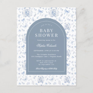 Dusty Blue Chinoiserie Teddy Bear and Bows Baby Postcard