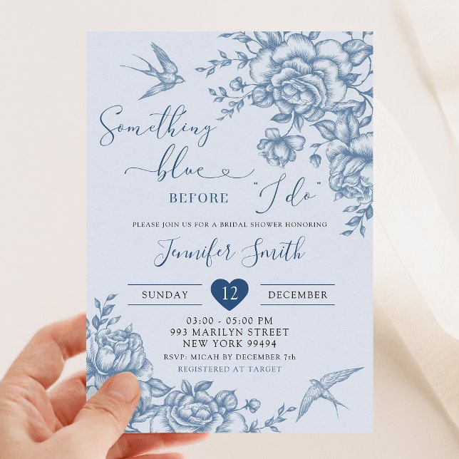 Dusty Blue Chinoiserie Vintage Floral Bridal Invitation (Creator Uploaded)
