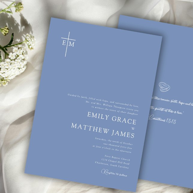  Dusty Blue Christian Monogrammed Cross Modern Invitation (Creator Uploaded)