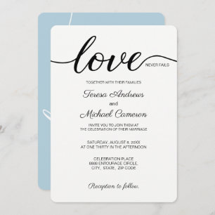 Dusty blue Christian Wedding Love Never Fails Invitation