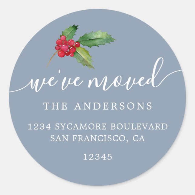 Dusty Blue Christmas Greenery New Address Home Classic Round Sticker (Front)