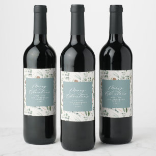 Dusty blue Christmas minimal elegant botanical Wine Label