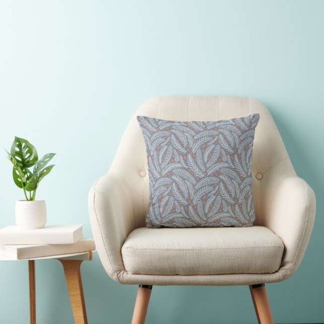 Dusty Blue Christmas Pine Tree Leaf Illustration Throw Pillow (Chair)