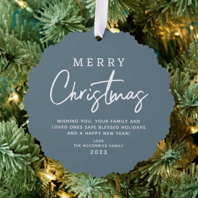 Dusty Blue Christmas Script Family Name Custom Ornament Card (Insitu (Tree))