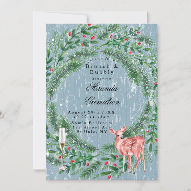 Dusty Blue Christmas Wood Deer Brunch and Bubbly  Invitation (Front)