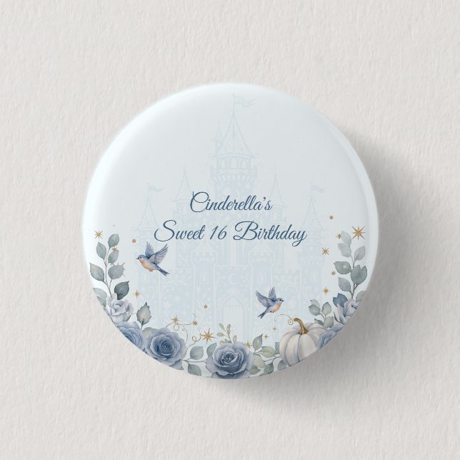 Dusty Blue Cinderella Sweet 16 Fairytale Button (Front)