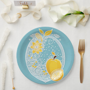 Dusty Blue Citrus Bridal Shower Paper Plate, Lemon Plate