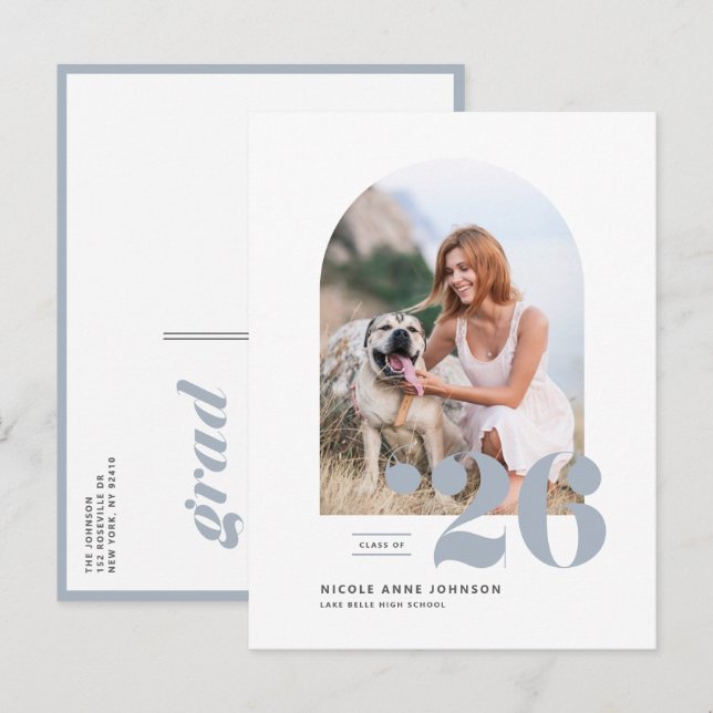 Dusty Blue Class of 2025 Arch Photo Graduation Invitation Postcard (Front/Back)