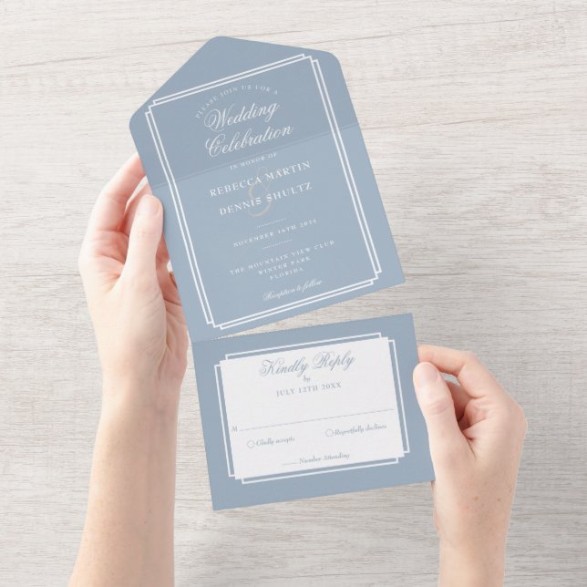 Dusty Blue Classic Deco Monogram Wedding All In One Invitation (Tearaway)