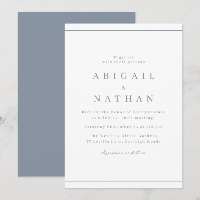 Dusty Blue Classic Elegant Minimal Wedding Invitation (Front/Back)