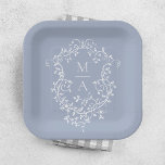 Dusty Blue Classic Floral Crest Monogram Wedding Paper Plate<br><div class="desc">Elegant French victorian blue floral wedding paper plate. For more advanced customization of this design,  please click the DESIGN TOOL BUTTON above!</div>