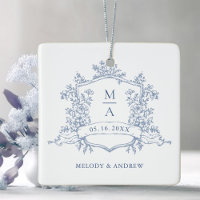 Dusty Blue Classic Floral Crest Wedding Photo 