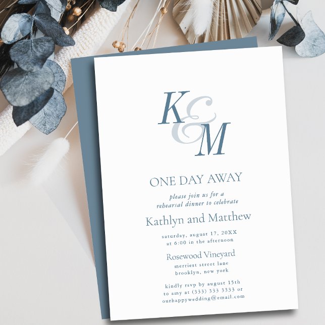 Dusty Blue Classic Monogram One Day Away Invitation (Creator Uploaded)