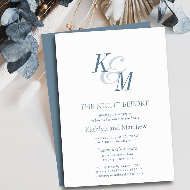 Dusty Blue Classic Monogram The Night Before Invitation (Creator Uploaded)