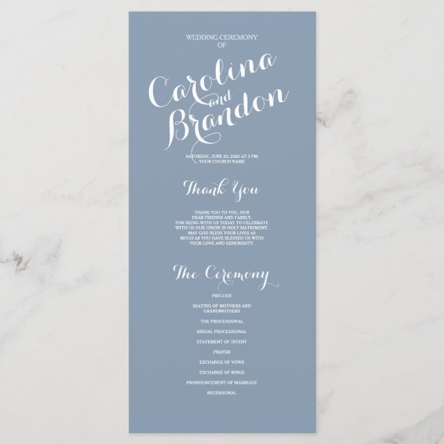 Dusty Blue Classic Script Elegant Wedding Program (Front)