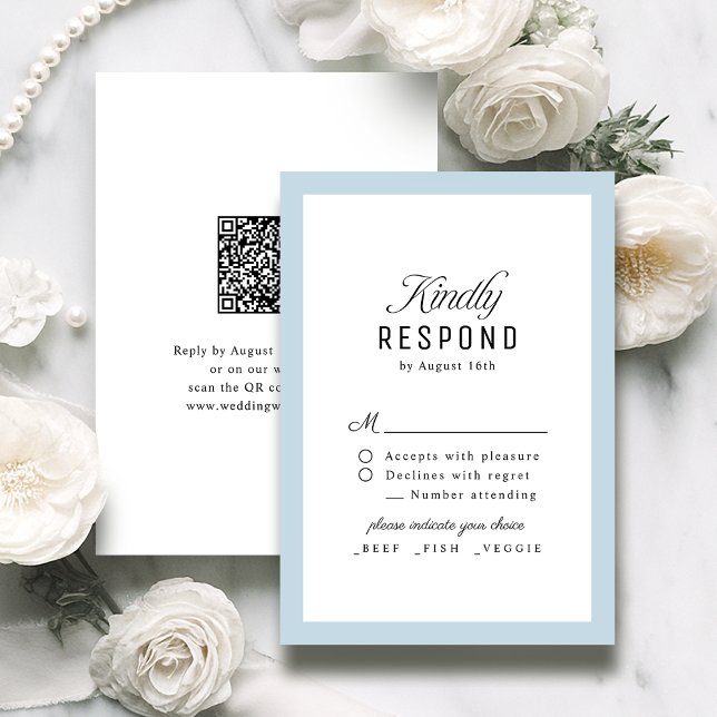 Dusty Blue Classy Script Elegant QR code Wedding RSVP Card (Dusty Blue Classy Script Elegant QR code Wedding RSVP Card)
