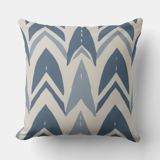 Dusty Blue Coastal Batik Parang Chevron Geometric Throw Pillow (Front)