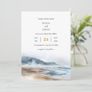 Dusty Blue Coastal Misty Shoreline Beach Wedding Invitation