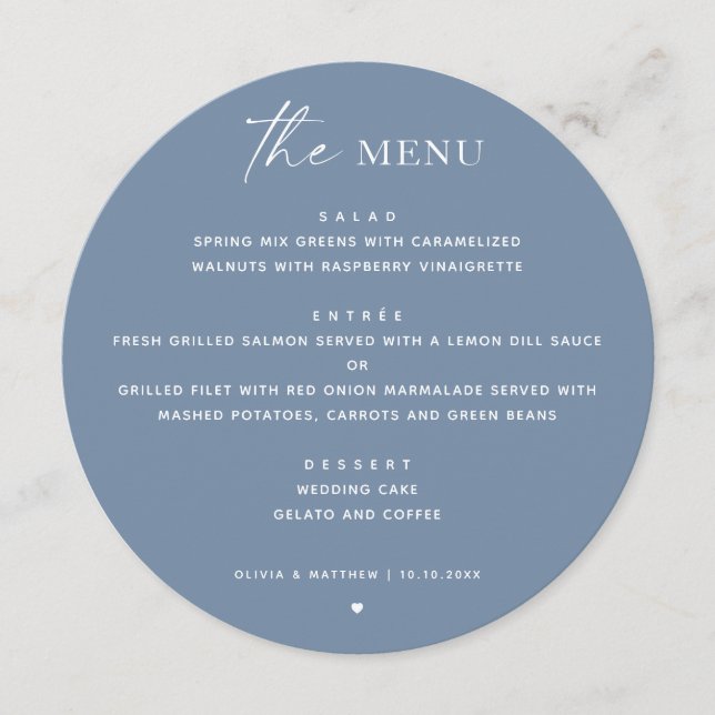 Dusty Blue Coastal Wedding | Modern Seaside Round Menu (Front)