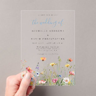 Dusty Blue Colorful Rustic Wildflower Wedding Acrylic Invitations