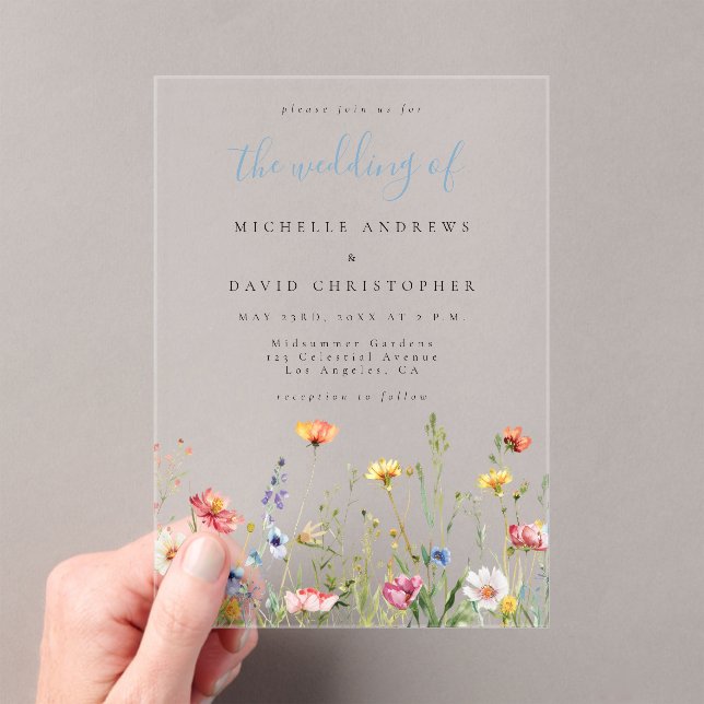 Dusty Blue Colorful Rustic Wildflower Wedding Acrylic Invitations (Insitu (Handheld))